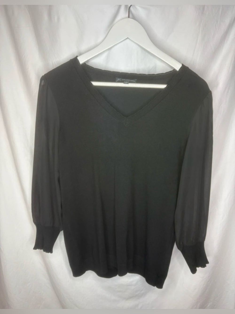 Adrianna Papell Black Sheer Puff Sleeve
Ribbed V Neck Sweater S